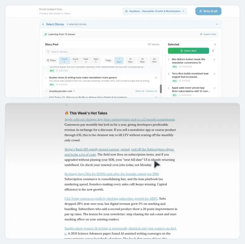 The HeyNews story picker with four stories selected for the next issue, above the newsletter draft HeyNews wrote from them